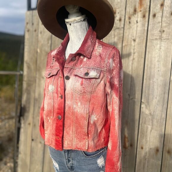 🤠REFASHIONED DYED CROPPED DISTRESSED RED JEAN JACKET SIZE SM - Picture 7 of 8
